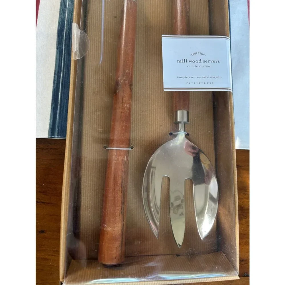 Pottery Barn NEW- Wood Handle Stainless Steel Serving Spoon and Fork Set